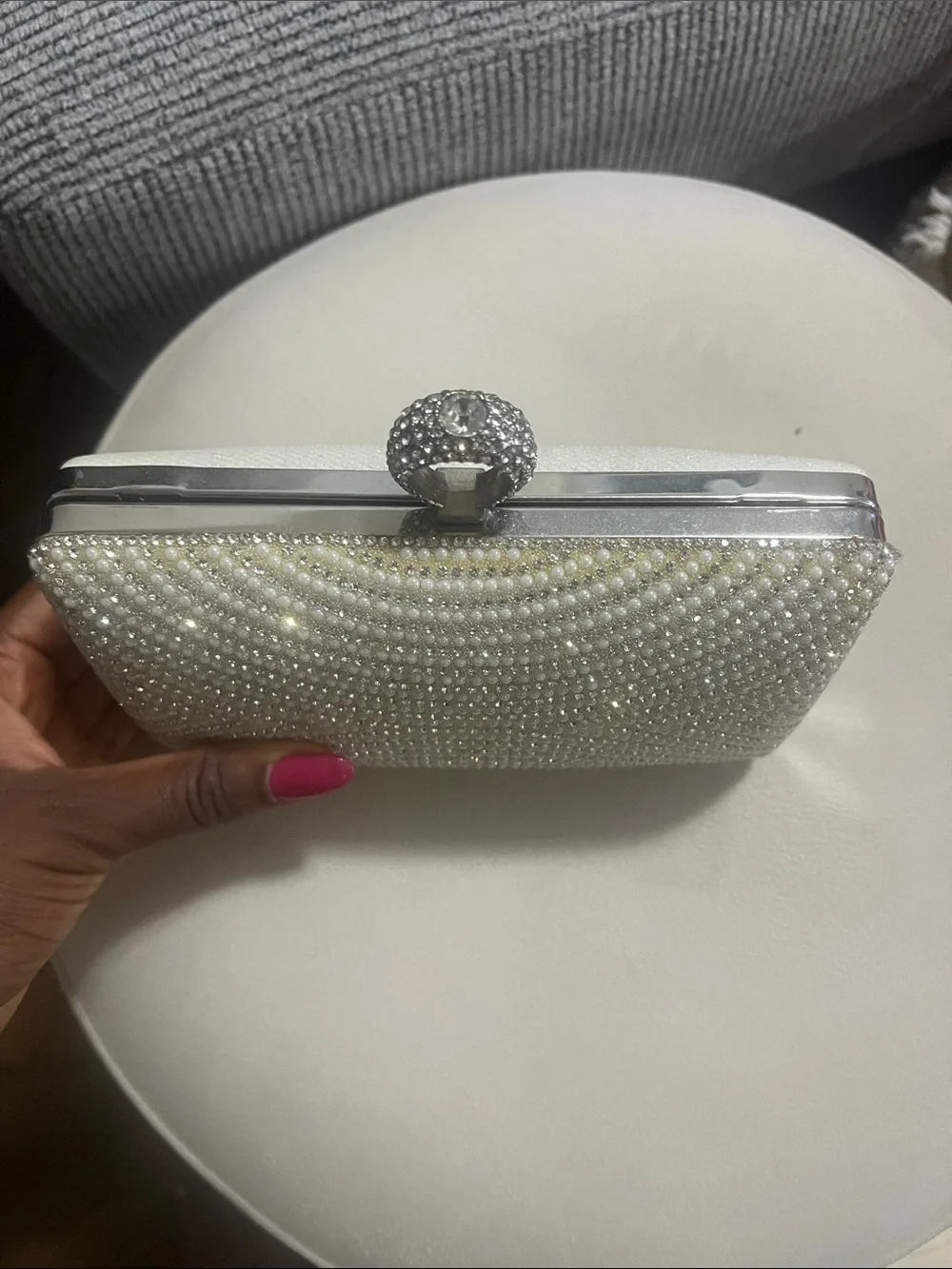 David's Bridal White Beaded Pearl & Crystal Evening Clutch